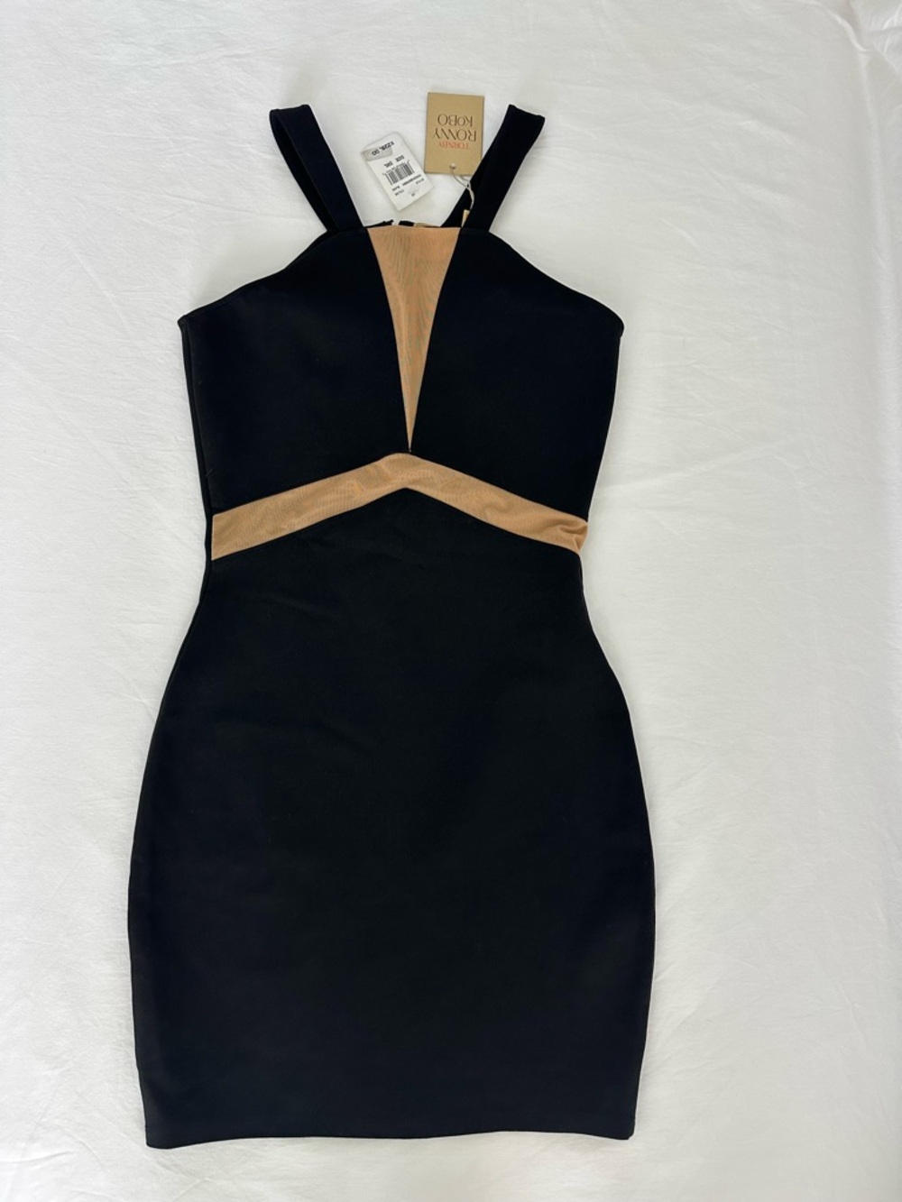 bebe Black & Tan Mesh-Inset Mini Dress